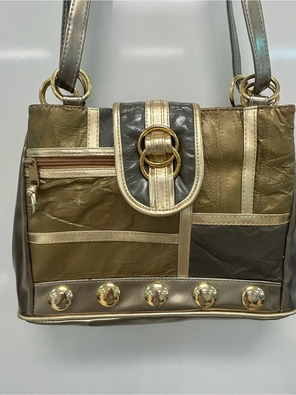 Vintage Warren Reed leather Metallic Patchwork Shoulder Bag with Gold Accents
